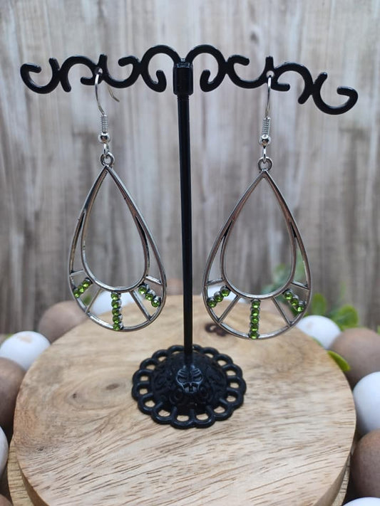 Silver Teardrop Earrings w/ Light Green Rhinestones