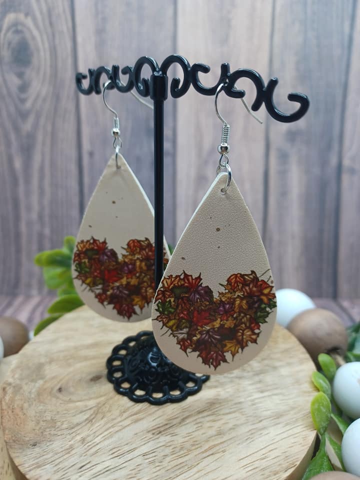 Autumn Themed Heart Leather Style Earrings w/ Leaves