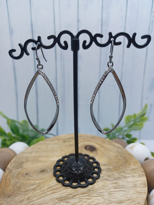 Gunmetal Rounded Teardrop Earrings w/ Rhinestones