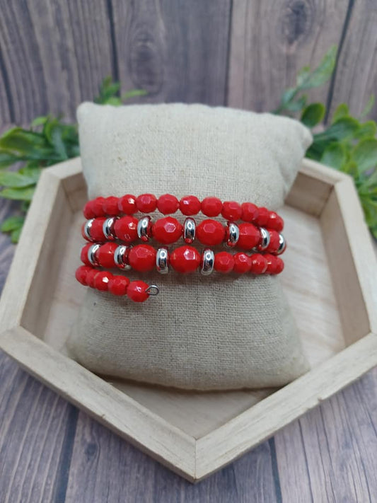 Red & Silver Beaded Coil Style Bracelet