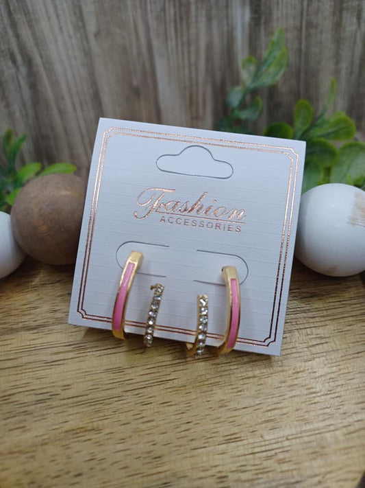 Gold Double Hoop Earrings w/ Pink Detail
