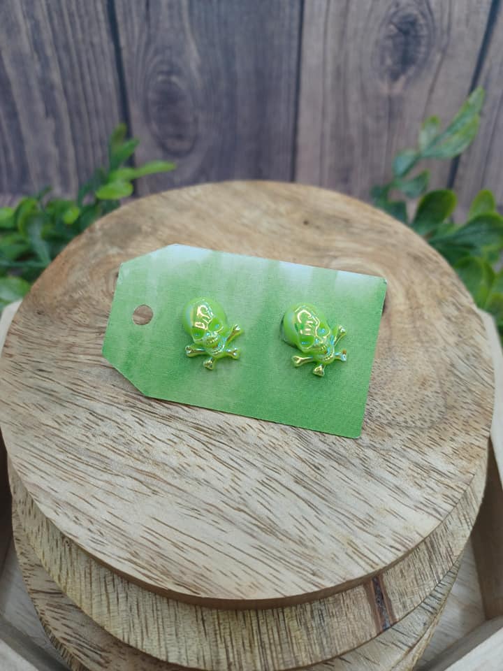 Green Skull Earrings w/ iridescence