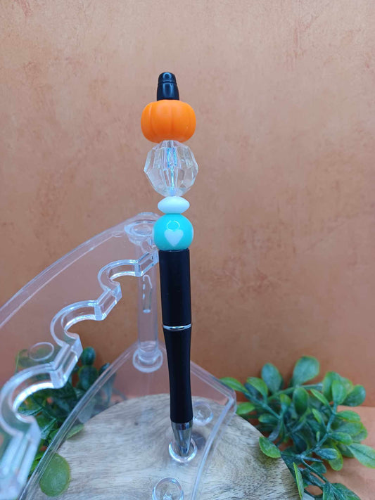Orange & Teal Pumpkin Heart Beaded Ink Pen