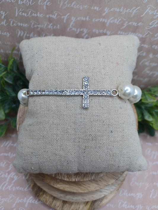 White Pearl Beaded Cross Bracelet