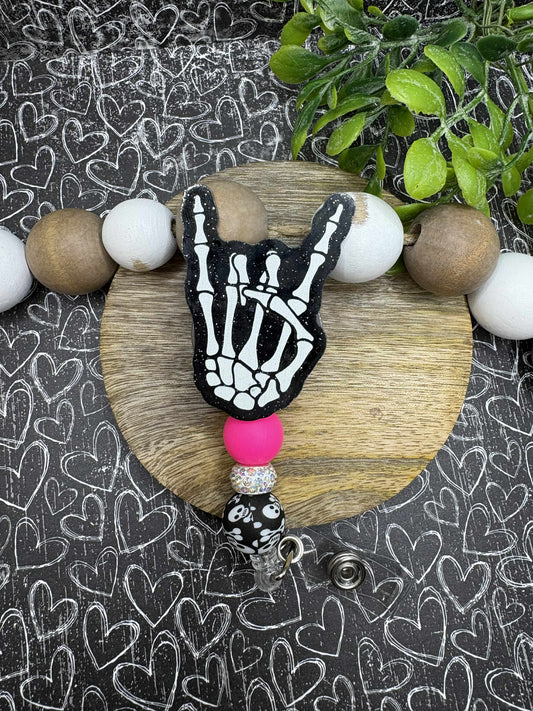Skeleton Hand Beaded Badge Reel