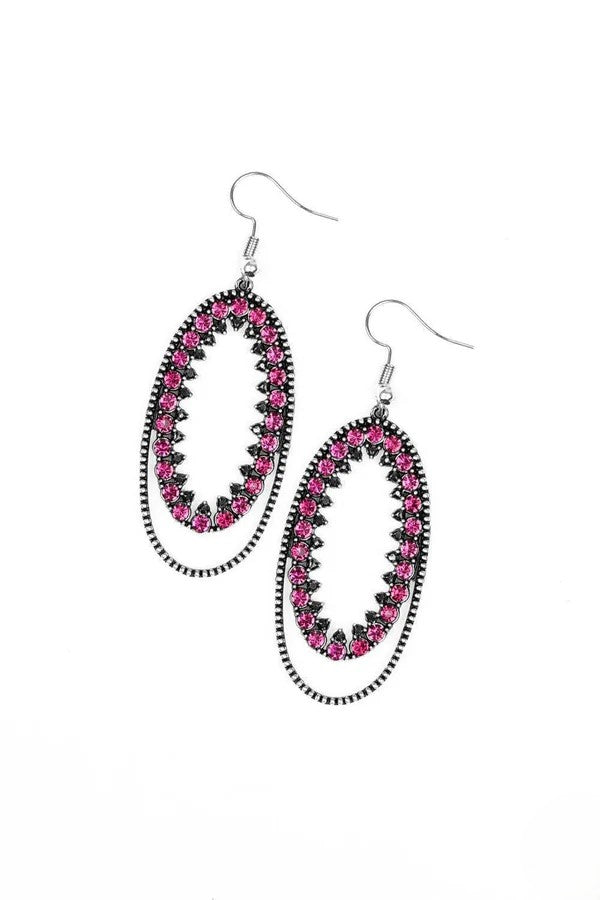 Silver Oval Earrings w/ Pink Rhinstone Accents