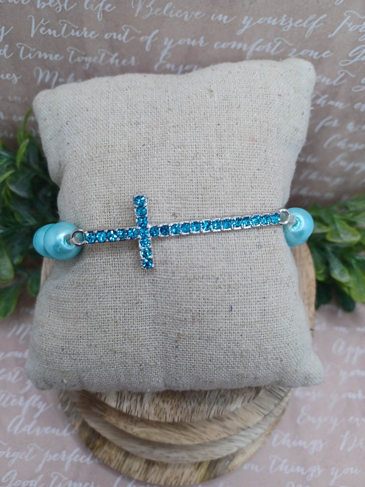 Light Blue Pearl Beaded Cross Bracelet