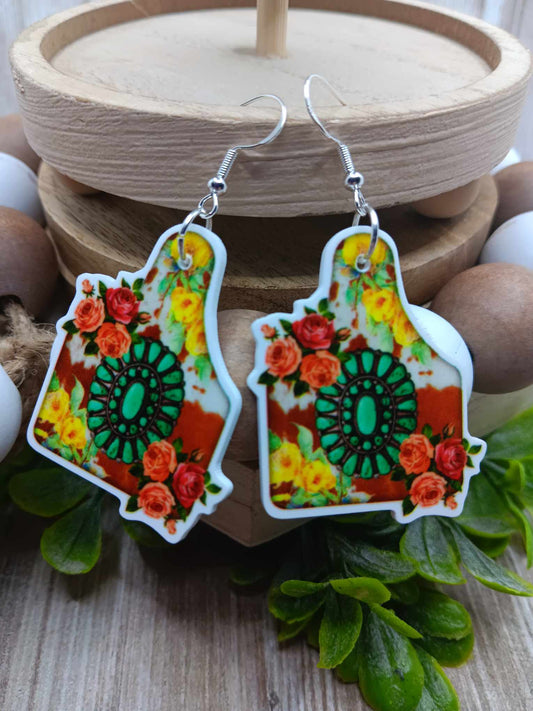 Turquoise Crackle Stone Cow Tag Earrings