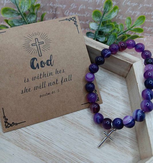 Purple Beaded Bracelet w/ Cross Charm
