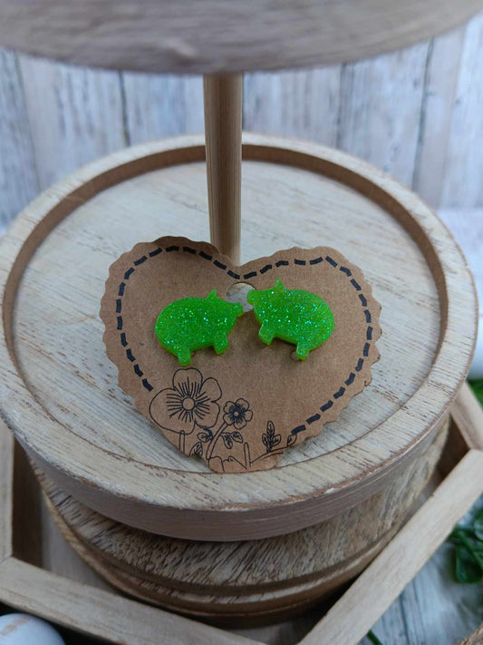 Green Glitter Pig Earrings