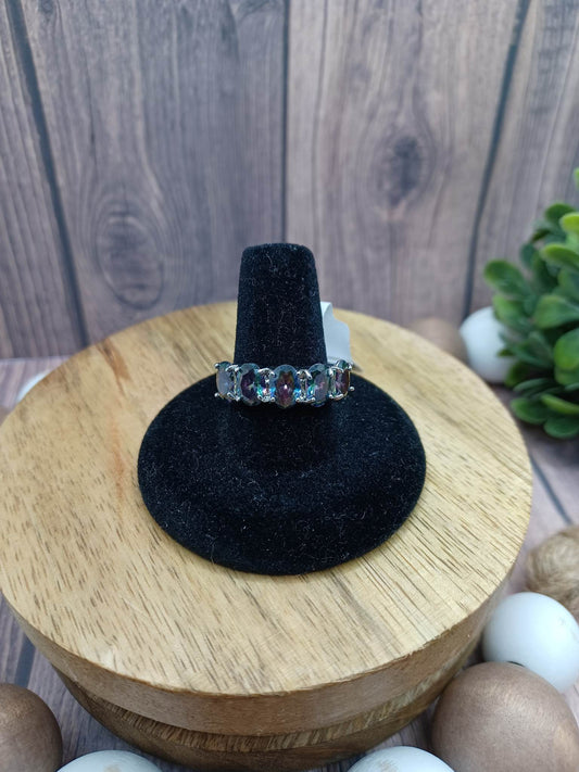 Silver Ring w/ Purple & Green Stacked Rhinestones - Size 8.5