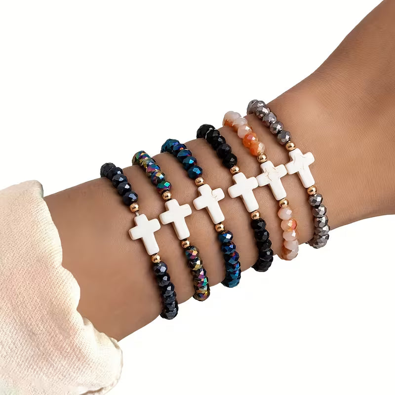 Beaded Cross Bracelet Set - Dark - Set of 6
