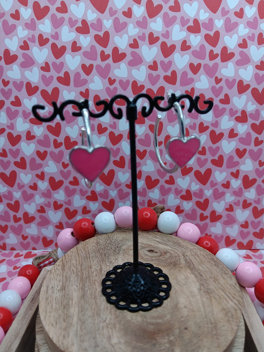 Silver Hoop Earrings w/ Hot Pink Heart Design