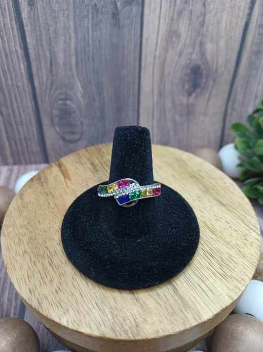 Silver Ring w/ Multicolored Rhinestones - Size 9
