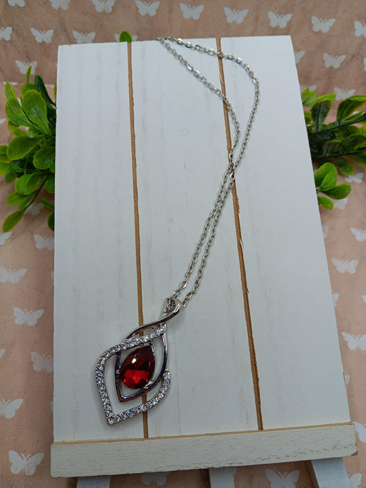Silver Necklace w/ Red & White Rhinestone Pendant