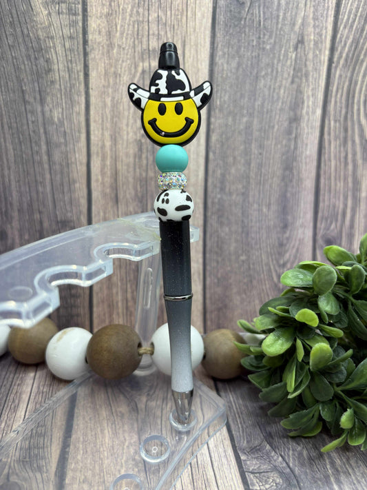 Cow Print Smily Face Beaded Ink Pen