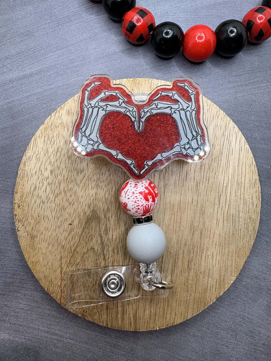 Skeleton Hand Heart Beaded Badge Reel