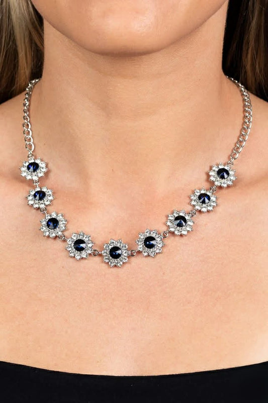 Silver Necklace w/ Navy Blue & Rhinestone Pendant Detail
