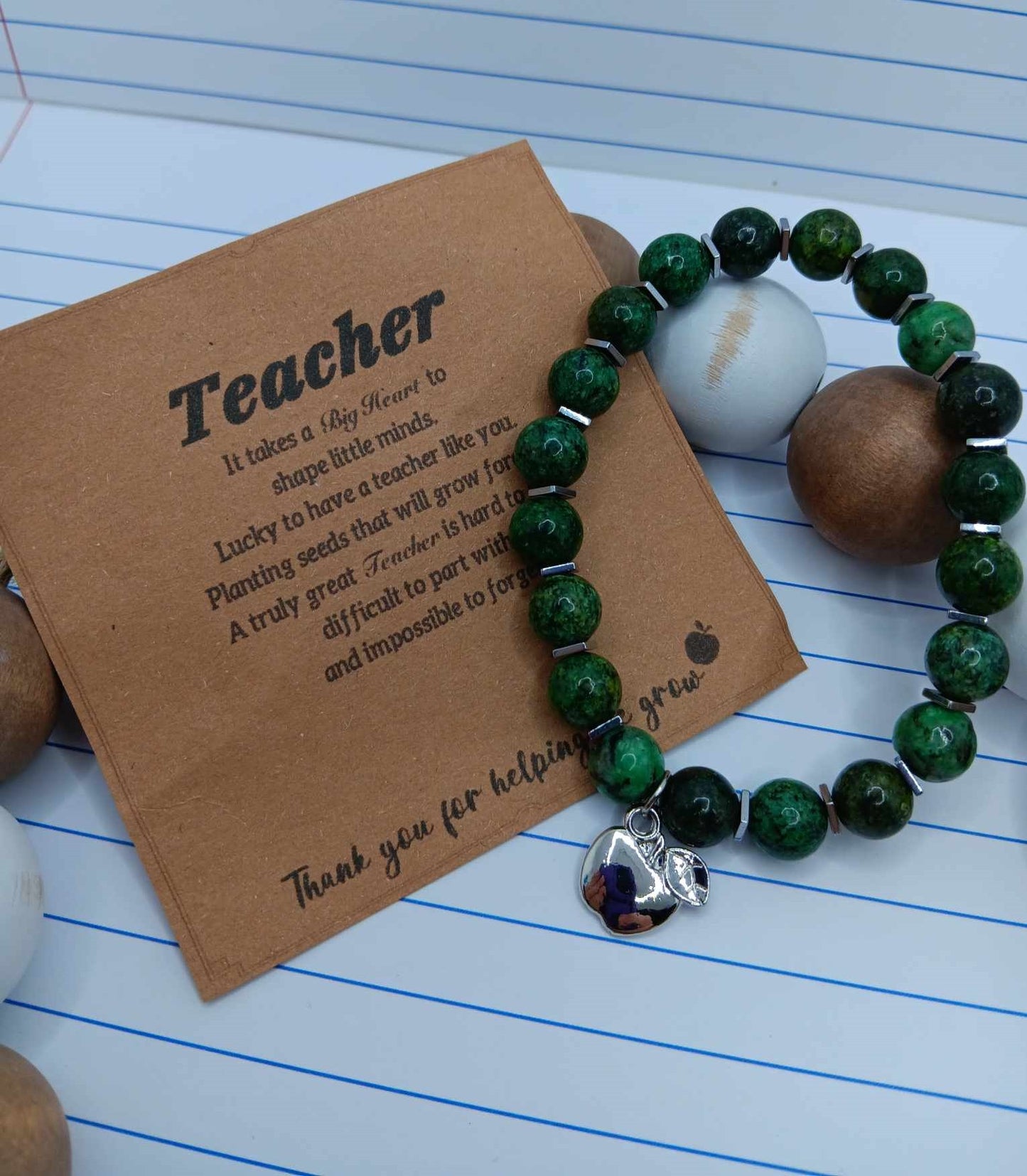 Green Beaded Teacher Bracelet w/ Apple Charm