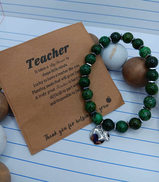 Green Beaded Teacher Bracelet w/ Apple Charm