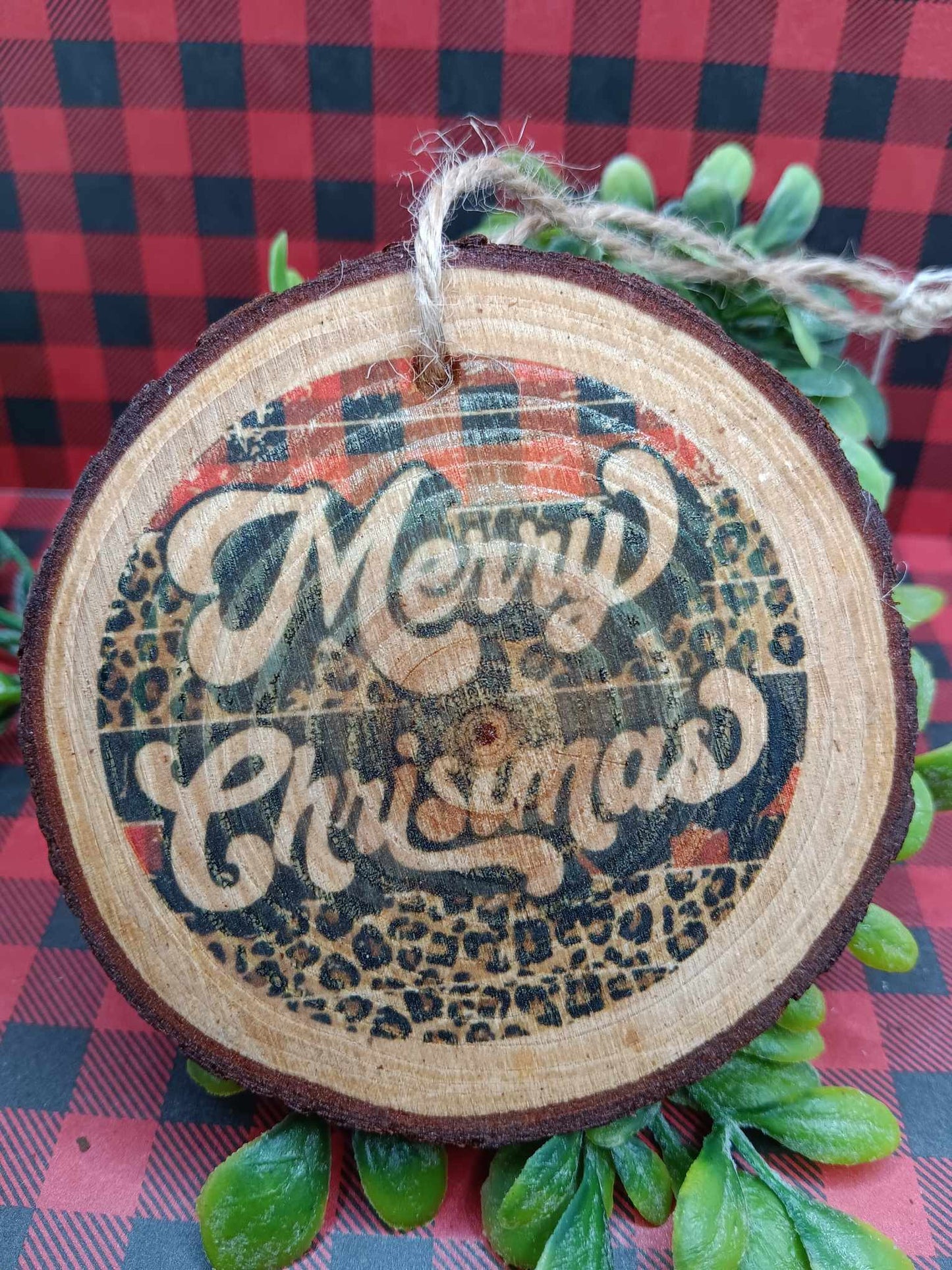 Merry Christmas Leopard & Buffalo Plaid Holiday Ornament
