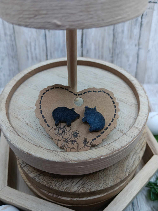 Black Glitter Pig Earrings