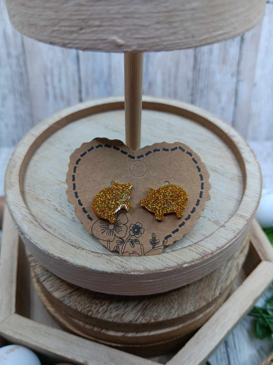 Gold Glitter Pig Earrings