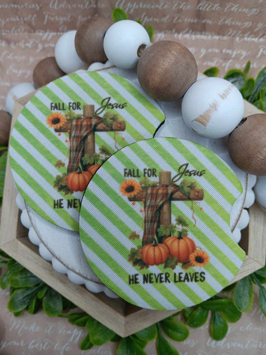 Fall for Jesus. He Never Leaves Car Coaster Set