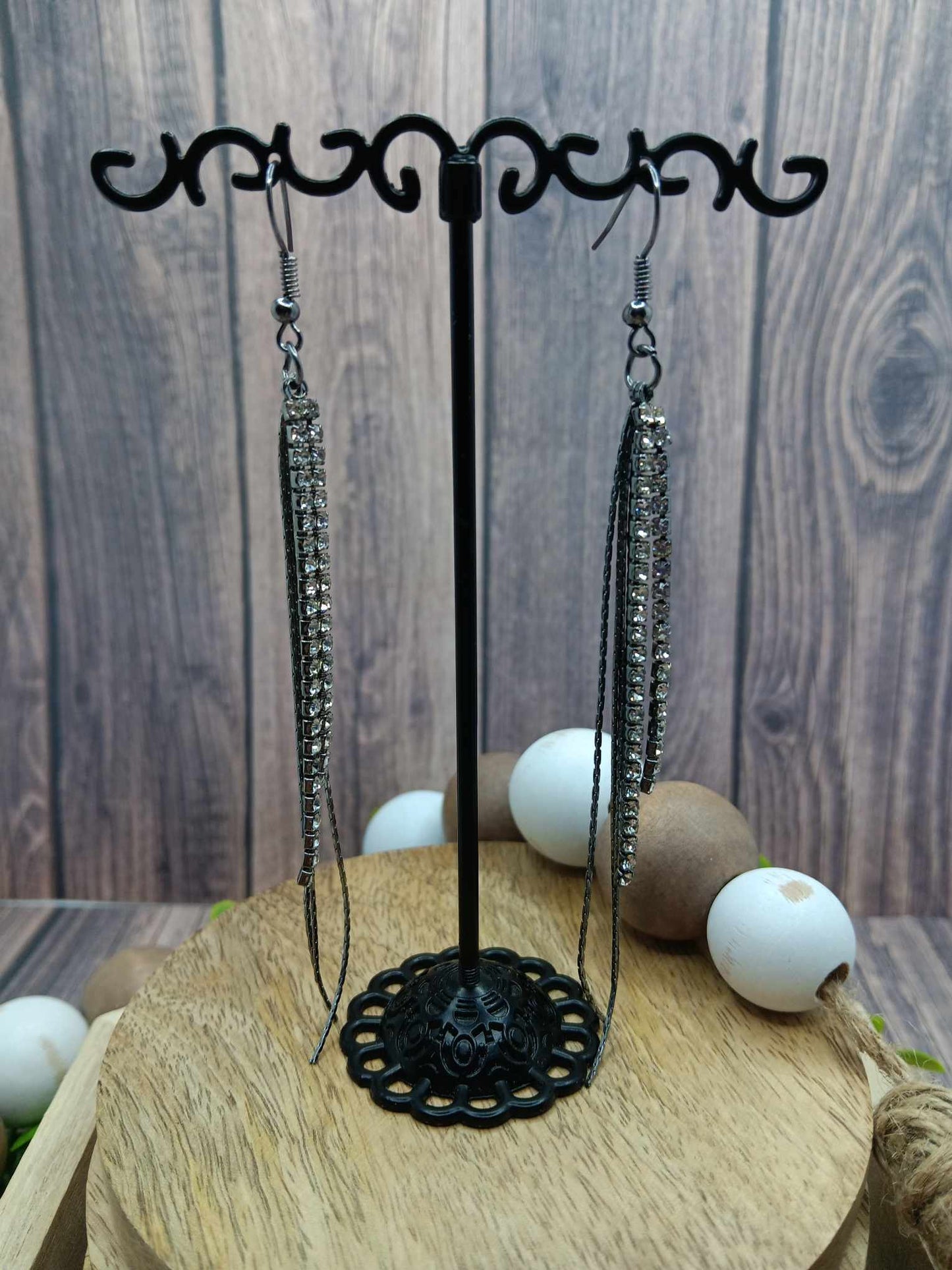 Gunmetal Tassel & Rhinestone Earrings