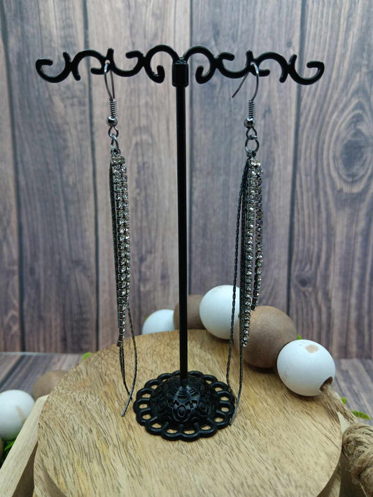 Gunmetal Tassel & Rhinestone Earrings