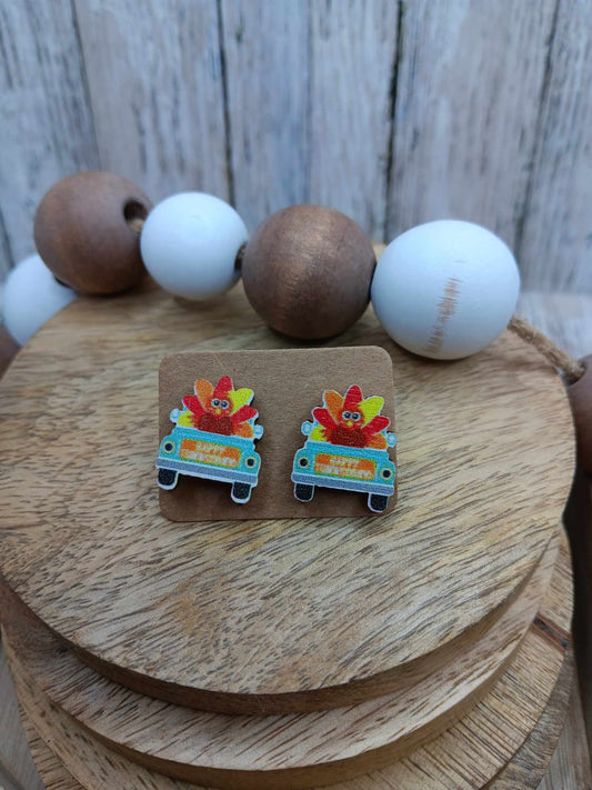 Happy Thanksgiving Turkey in a Truck Earrings