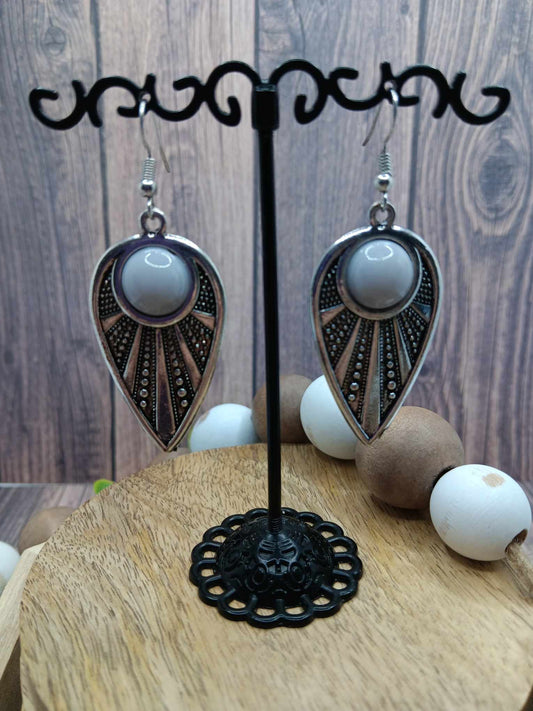 Silver Aztec Style Earrings w/ Grey Beading