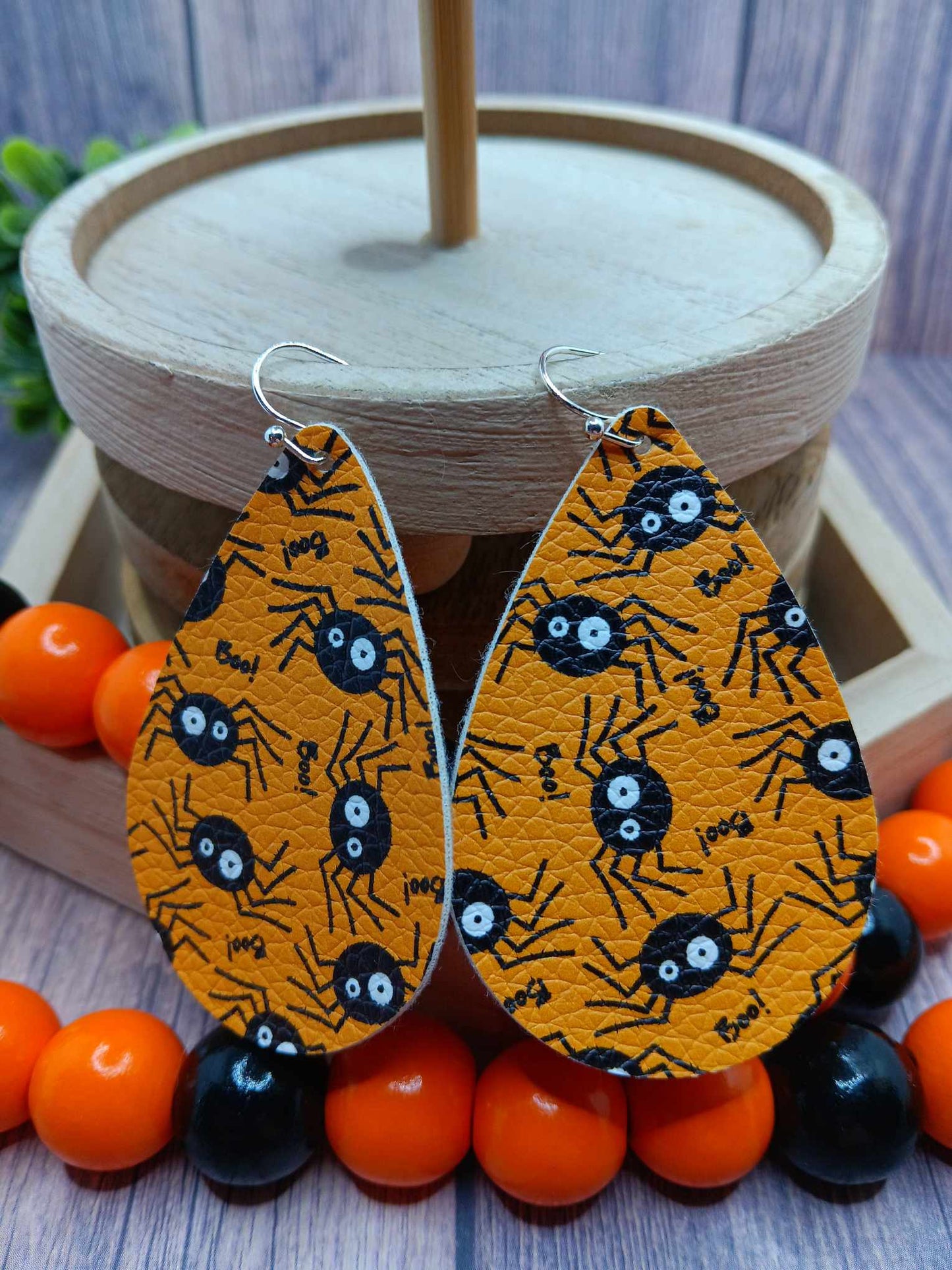 Orange Spider Leather Style Earrings