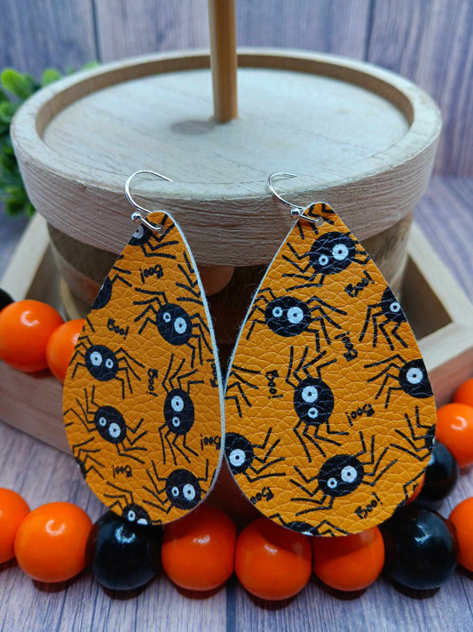 Orange Spider Leather Style Earrings