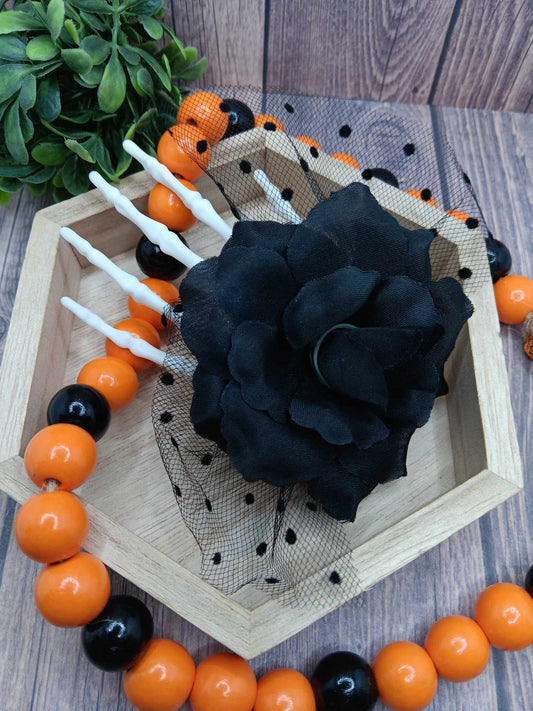 Skeleton Hand Hair Clip w/ Black Rose