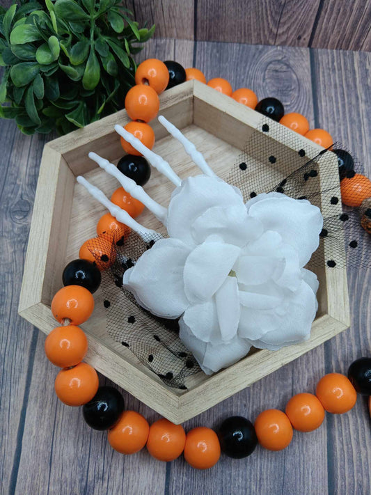 Skeleton Hand Hair Clip w/ White Rose