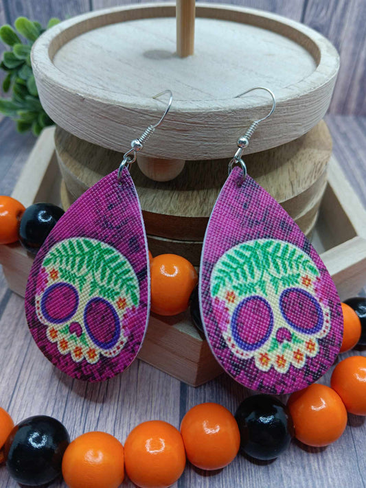 Purple Day of the Dead Skeleton Leather Style Earrings
