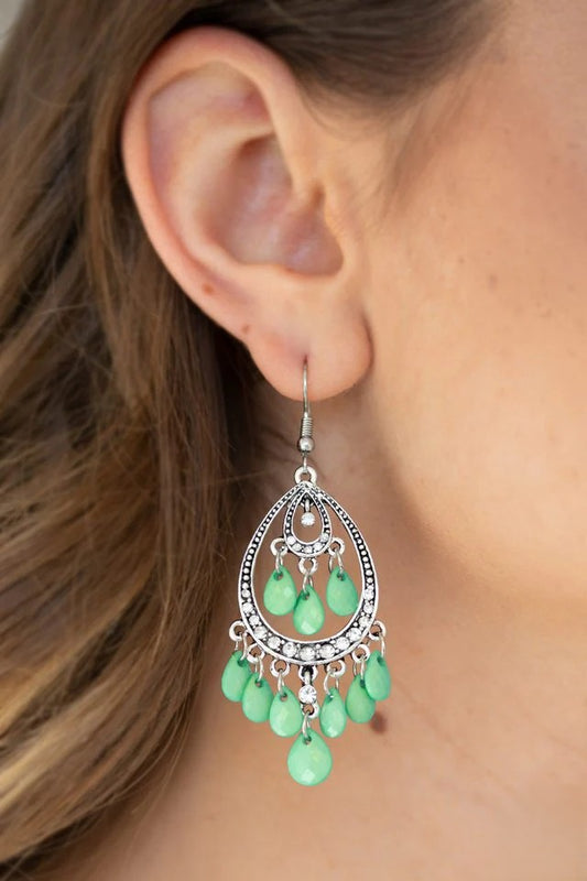 Silver Filigree Earrings w/ Mint Green Dangle Beading