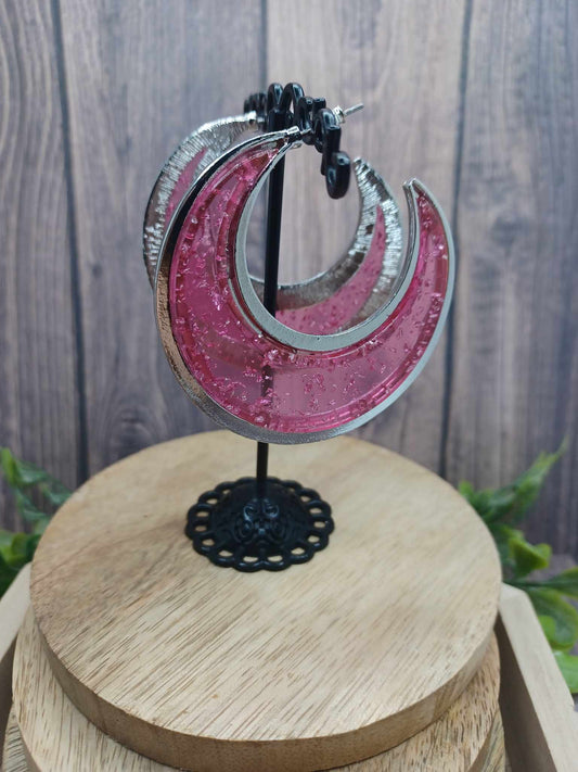Silver Hoop Earrings w/ Pink acrylic Design