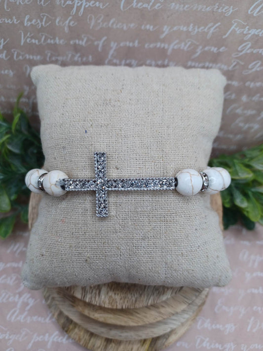 White Crackle Stone Beaded Cross Bracelet
