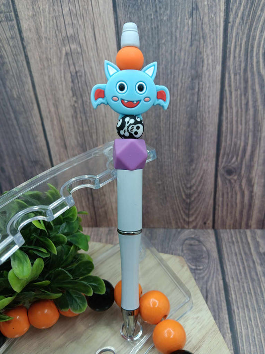 Grey Bat Beaded Ink Pen w/ Skeleton Accent