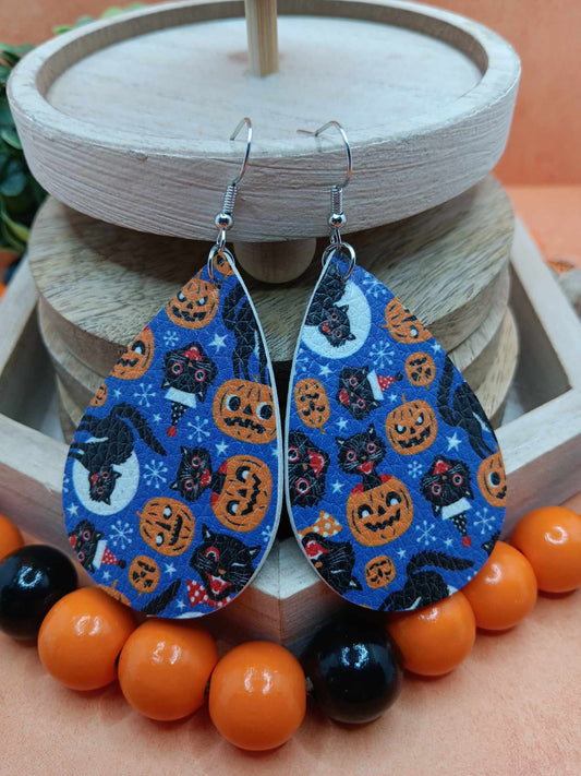 Spooky Halloween Leather Style Earrings w/ Jack O' Lanterns & Cats