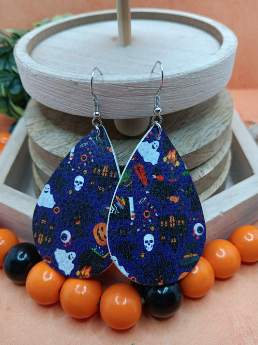 Blue Halloween Printed Leather Style Earrings w/ Ghosts, Haunted Houses, Skeleton, & More