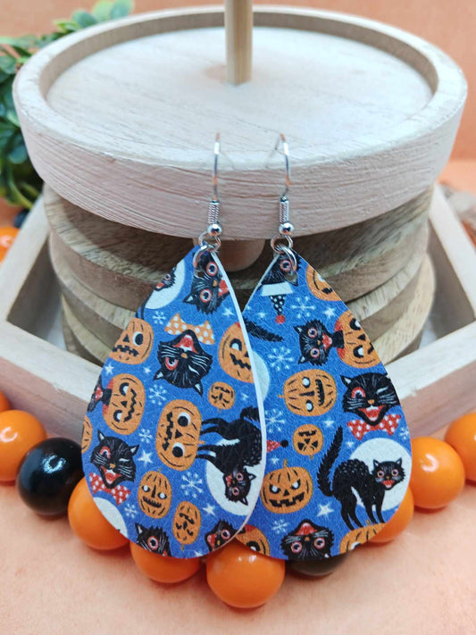 Blue Halloween Themed Earrings w/ Jack O' Lanterns & Cats