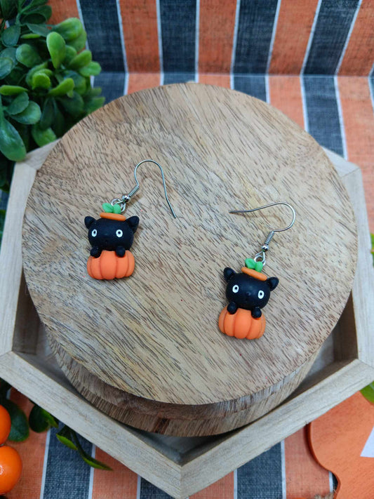 Black Cat Sitting on a Pumpkin Earrings