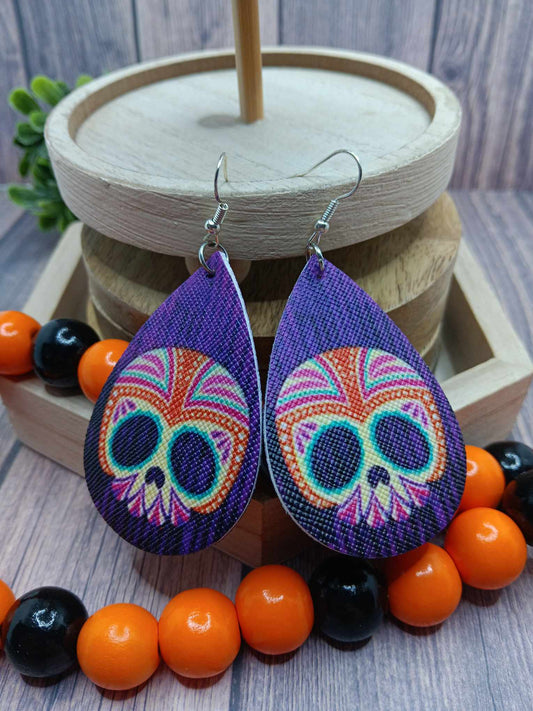 Deep Purple Day of the Dead Skeleton Leather Style Earrings