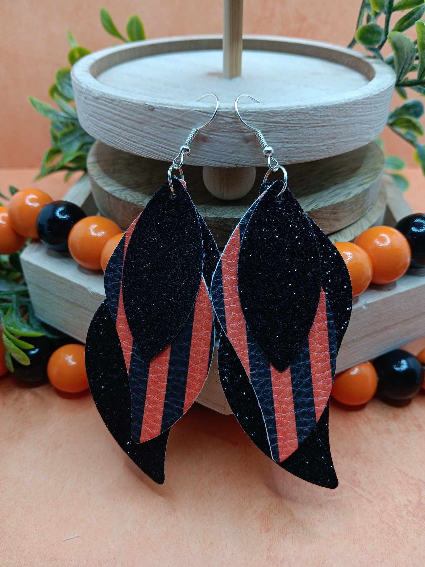 Triple Layered Black Glitter w/ Orange Leather Style Earrings