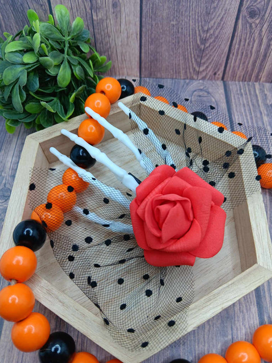 Skeleton Hand Hair Clip w/ Red Rose