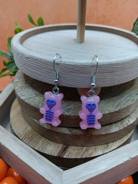 Pink & Purple Skeleton Bear Earrings