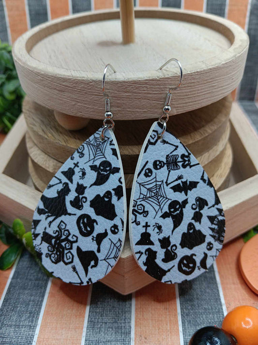 Grey Halloween Patterned Earrings w/ Witches, Ghost, & Jack O' Lanterns